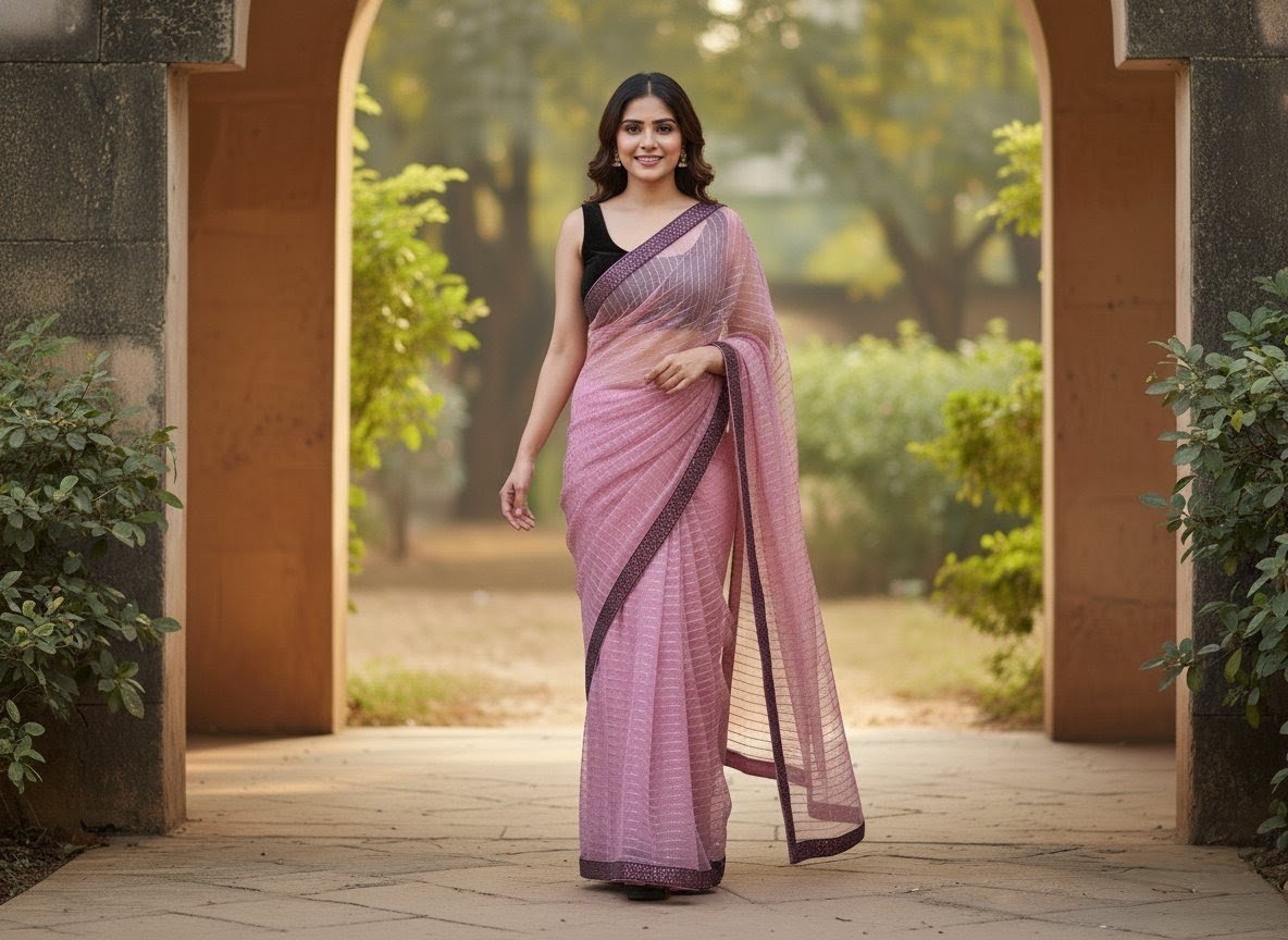 Beautiful Pink Net Saree with Black Velvet Blouse for Parties