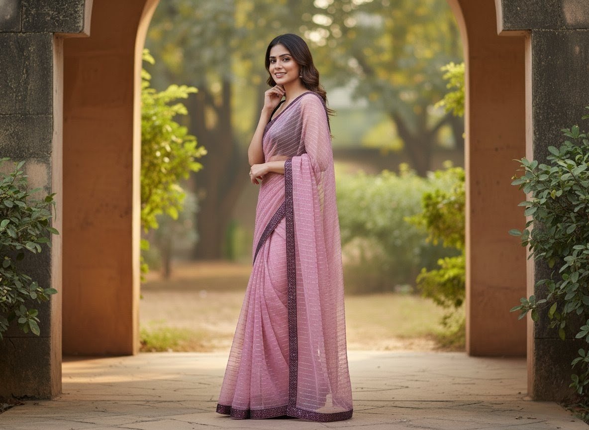 Beautiful Pink Net Saree with Black Velvet Blouse for Parties