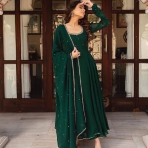 Bottle Green Georgette Handwork Maxi Dress with Dupatta