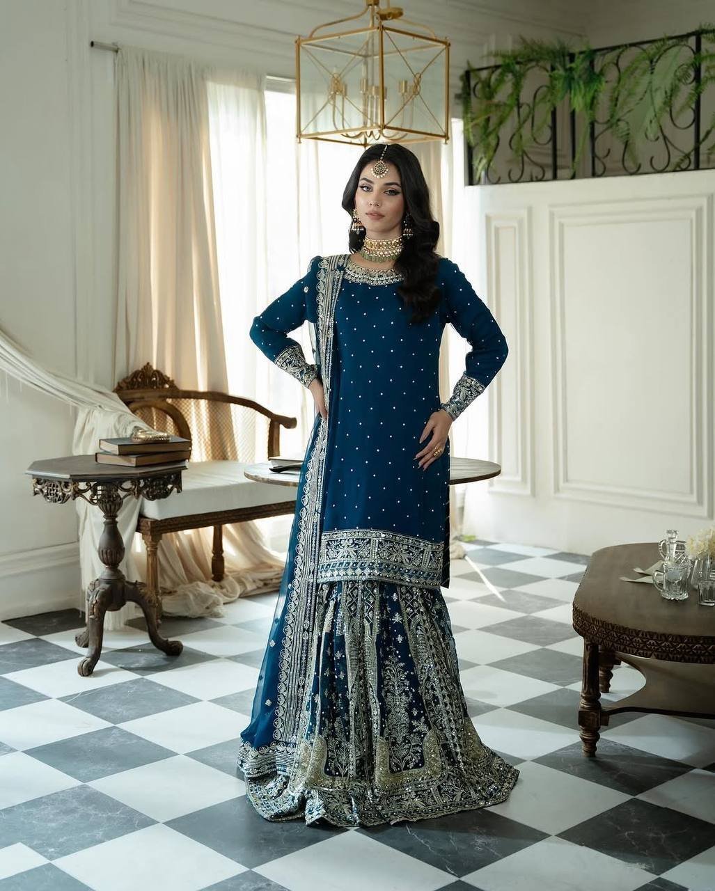 Designer Blue Moti Work Heavy Georgette Embroidered Gharara Set