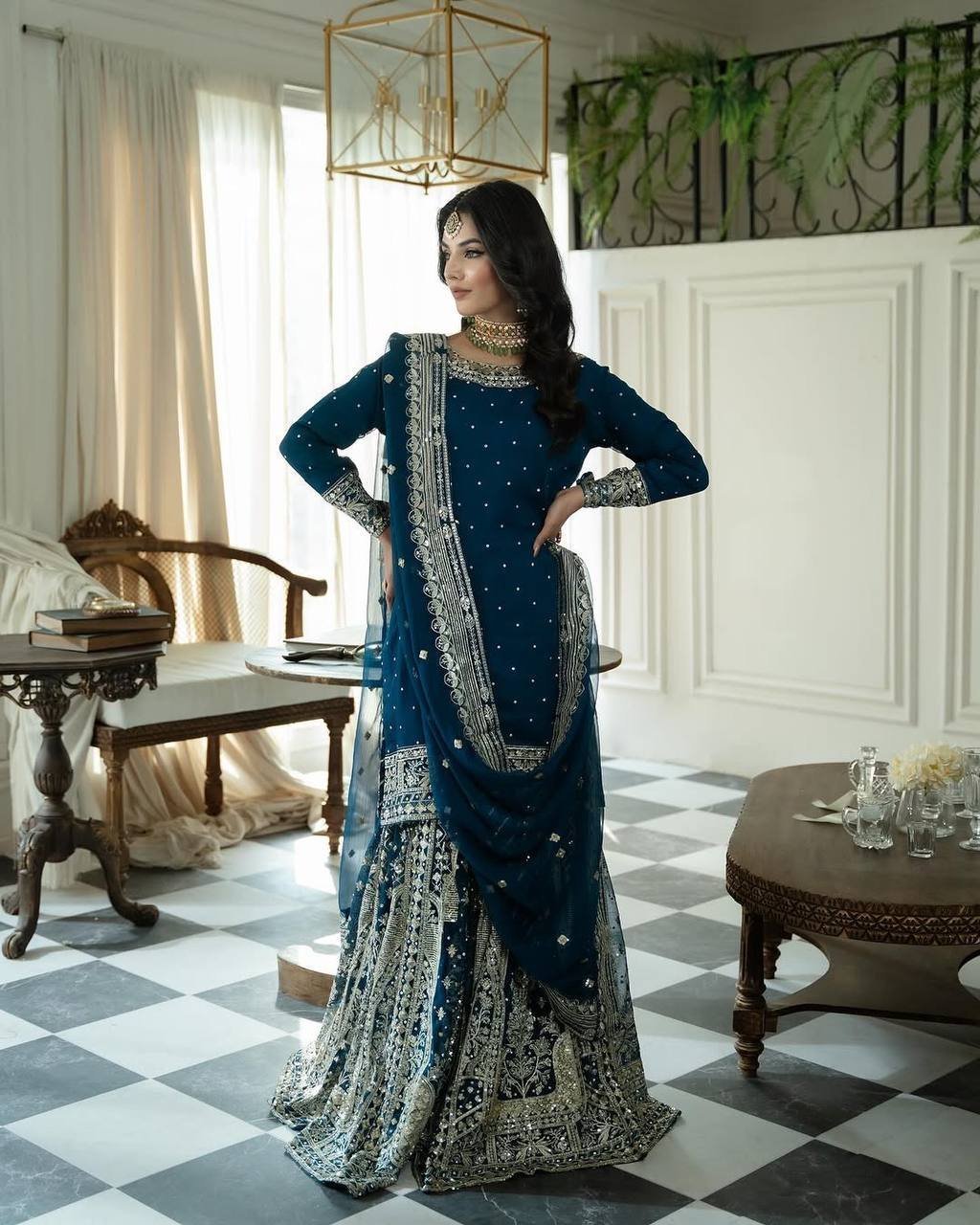 Designer Blue Moti Work Heavy Georgette Embroidered Gharara Set