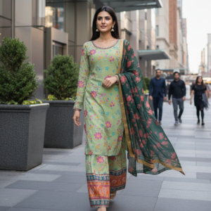 Green Georgette Embroidered Straight Kurta Palazzo set