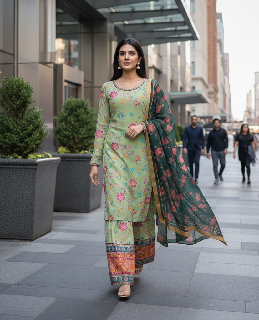 Green Georgette Embroidered Straight Kurta Palazzo set