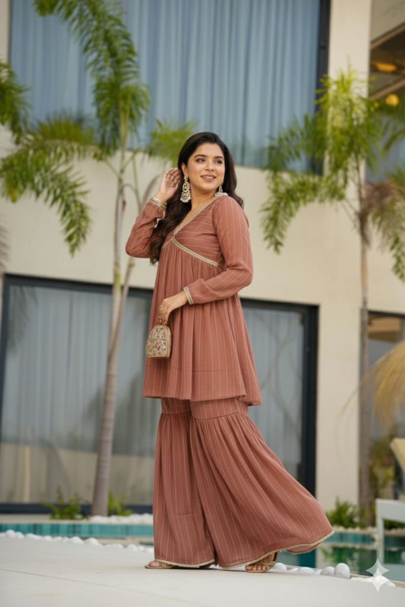 Designer Printed Kurta Sharara Set with Lace Work