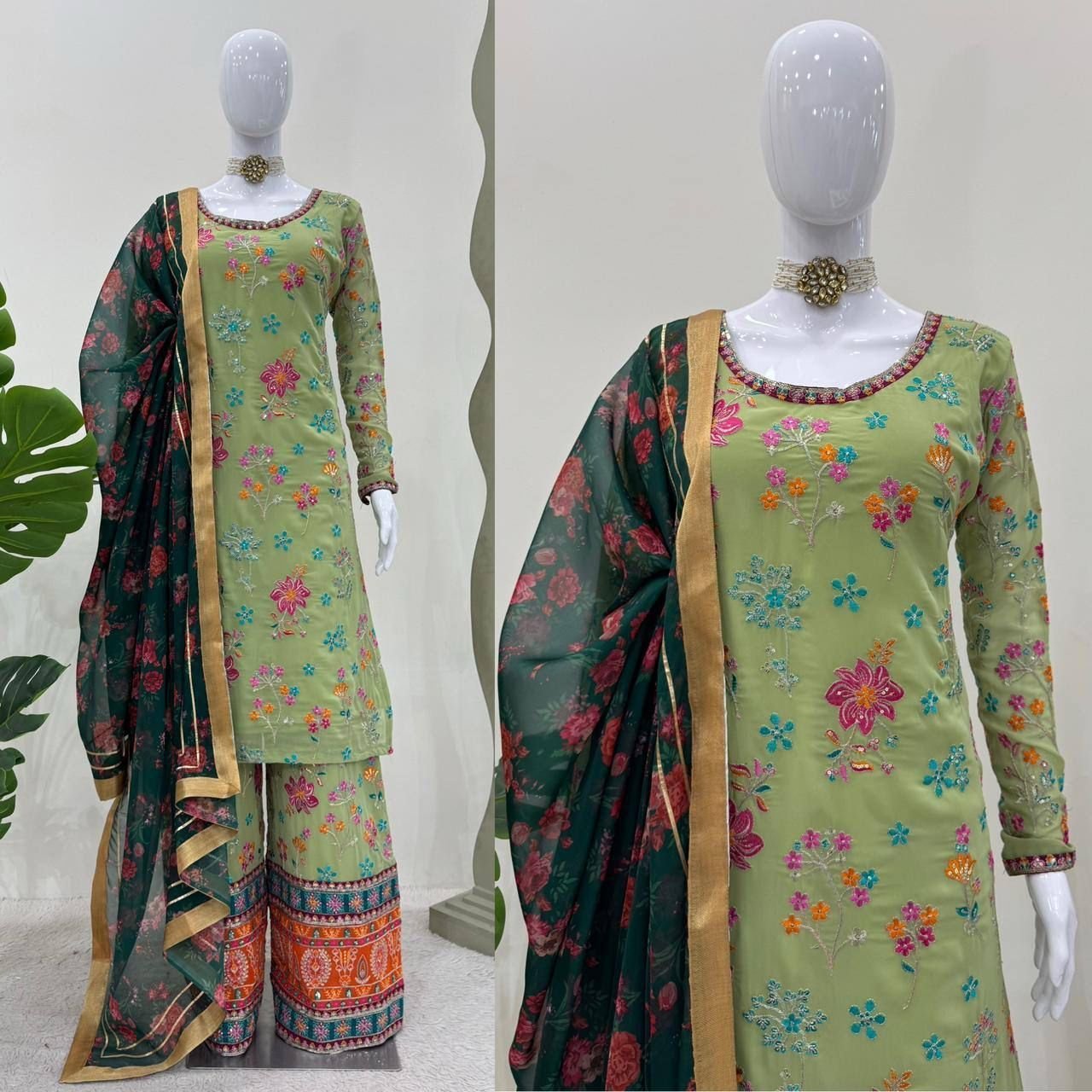 Green Georgette Embroidered Straight Kurta Palazzo set