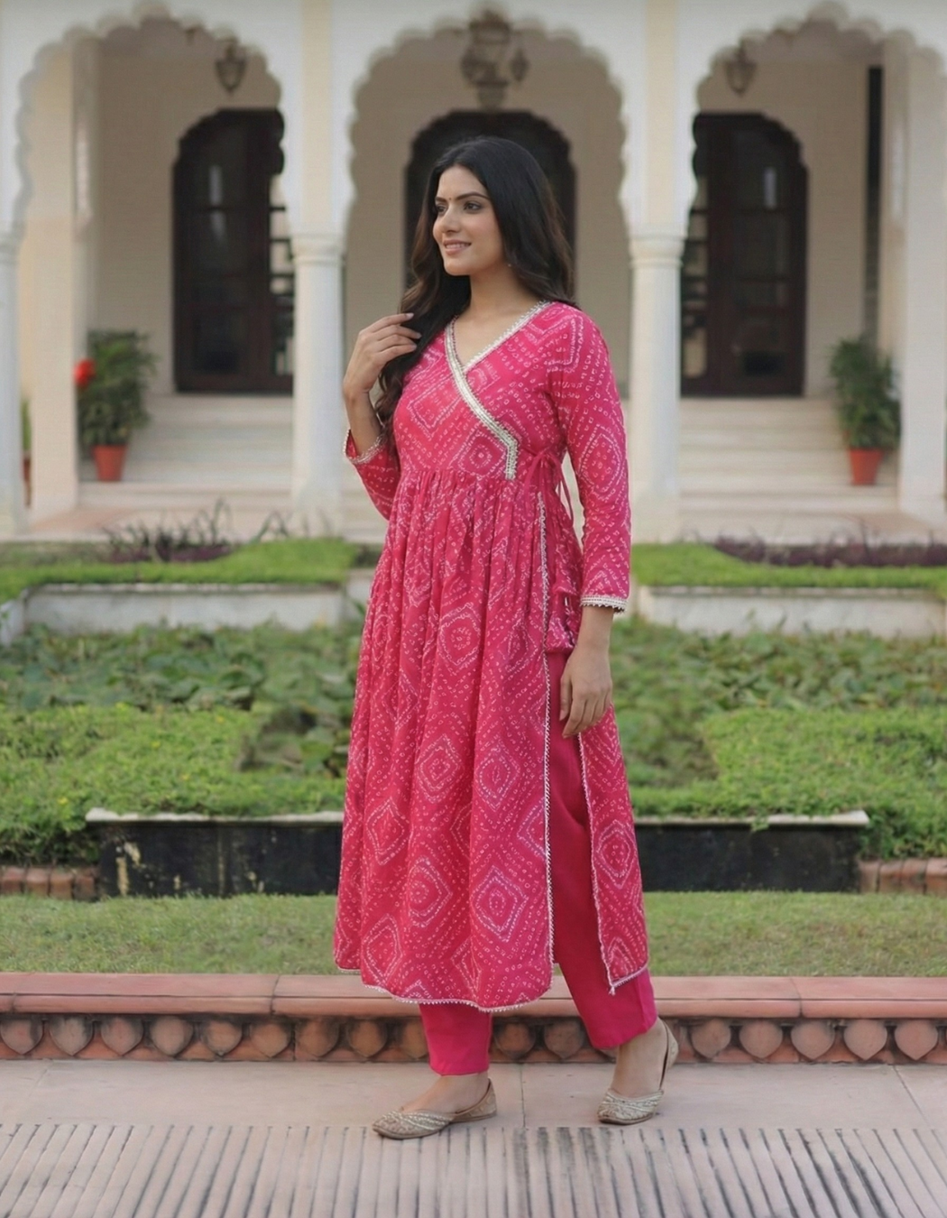 Exclusive Pink Bhandej Printed Full Length Anarkali with Pant