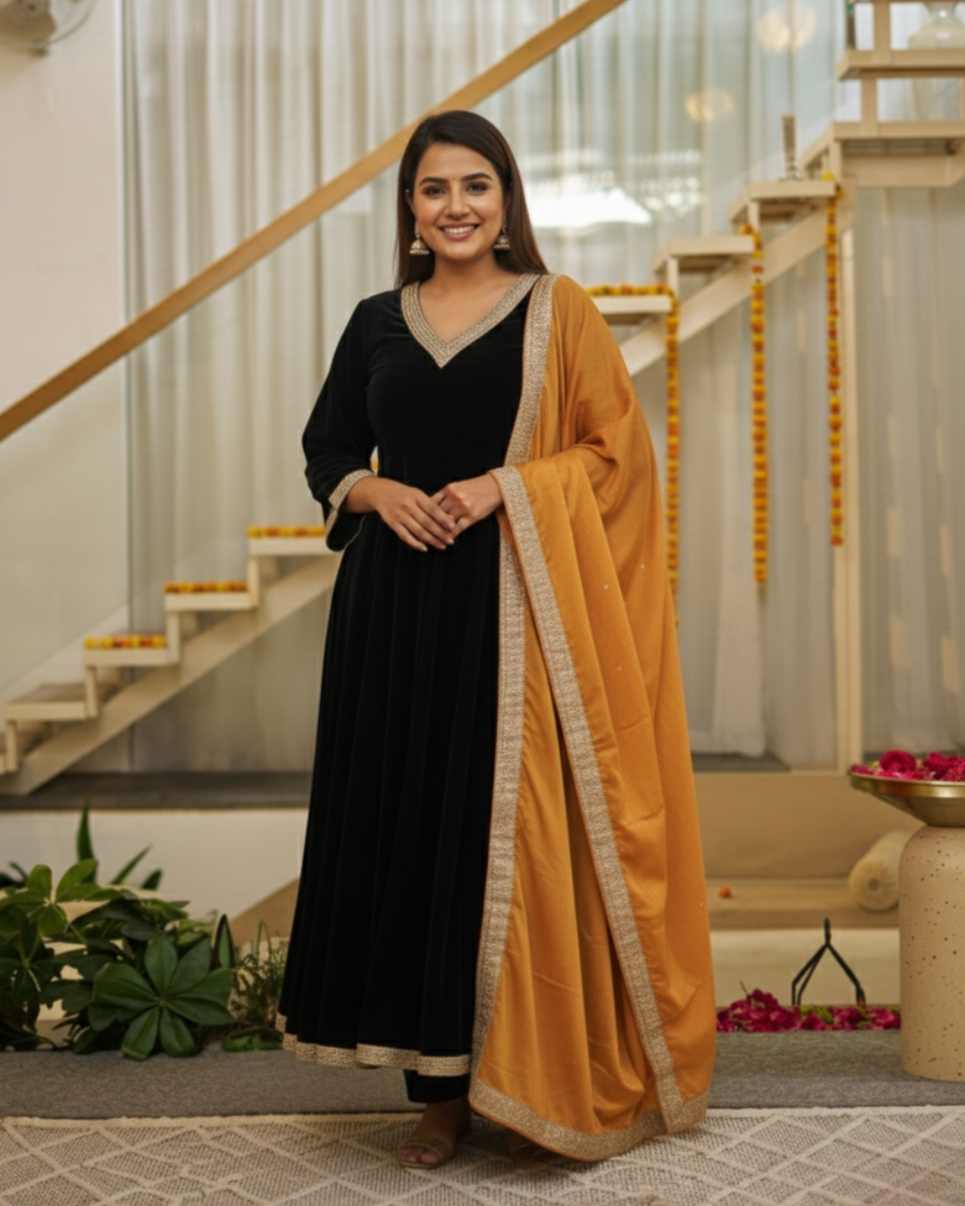 Ethnic Black Anarkali, Pant & Dupatta with Gotta Lace Work