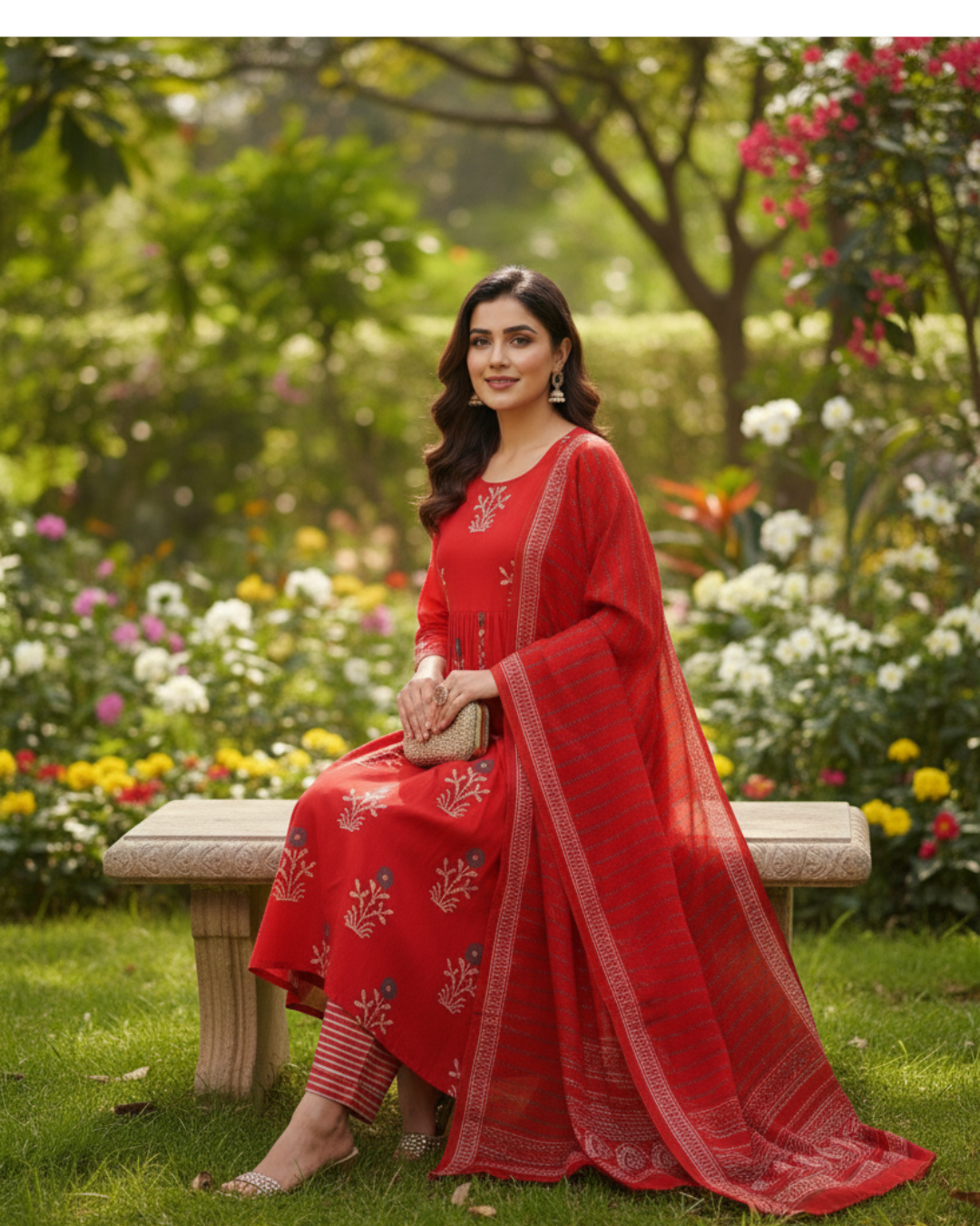 Ready to Wear 3 Pc Red Cotton Printed Gown