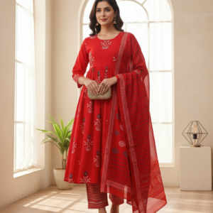 Ready to Wear 3 Pc Red Cotton Printed Gown