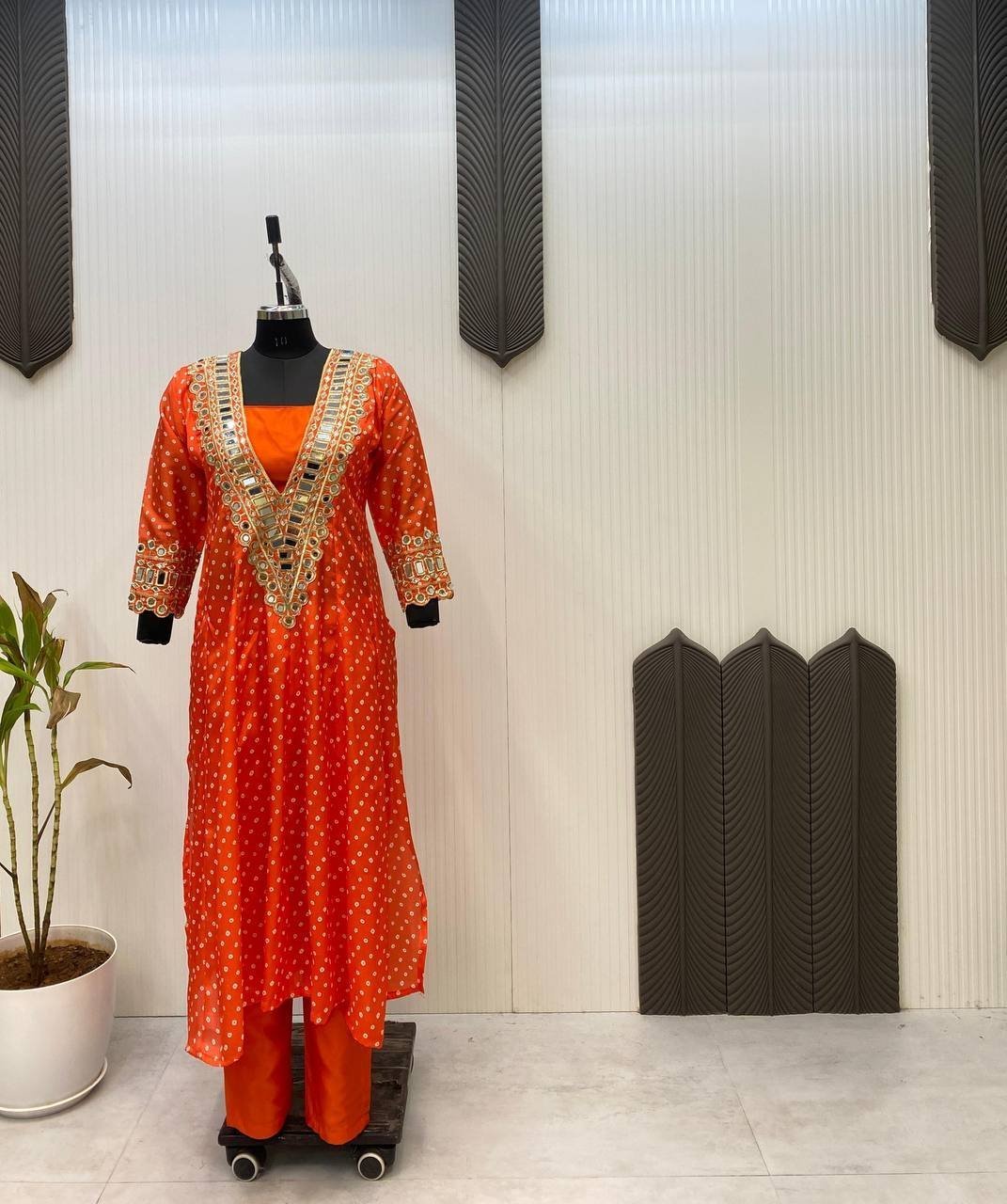 Mahira Orange Digital Printed with Mirror Work Crop Top with Kurta Set