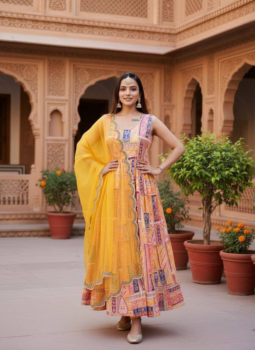 Saanvika Satin Kurta with Crepe Pant & Organza Dupatta