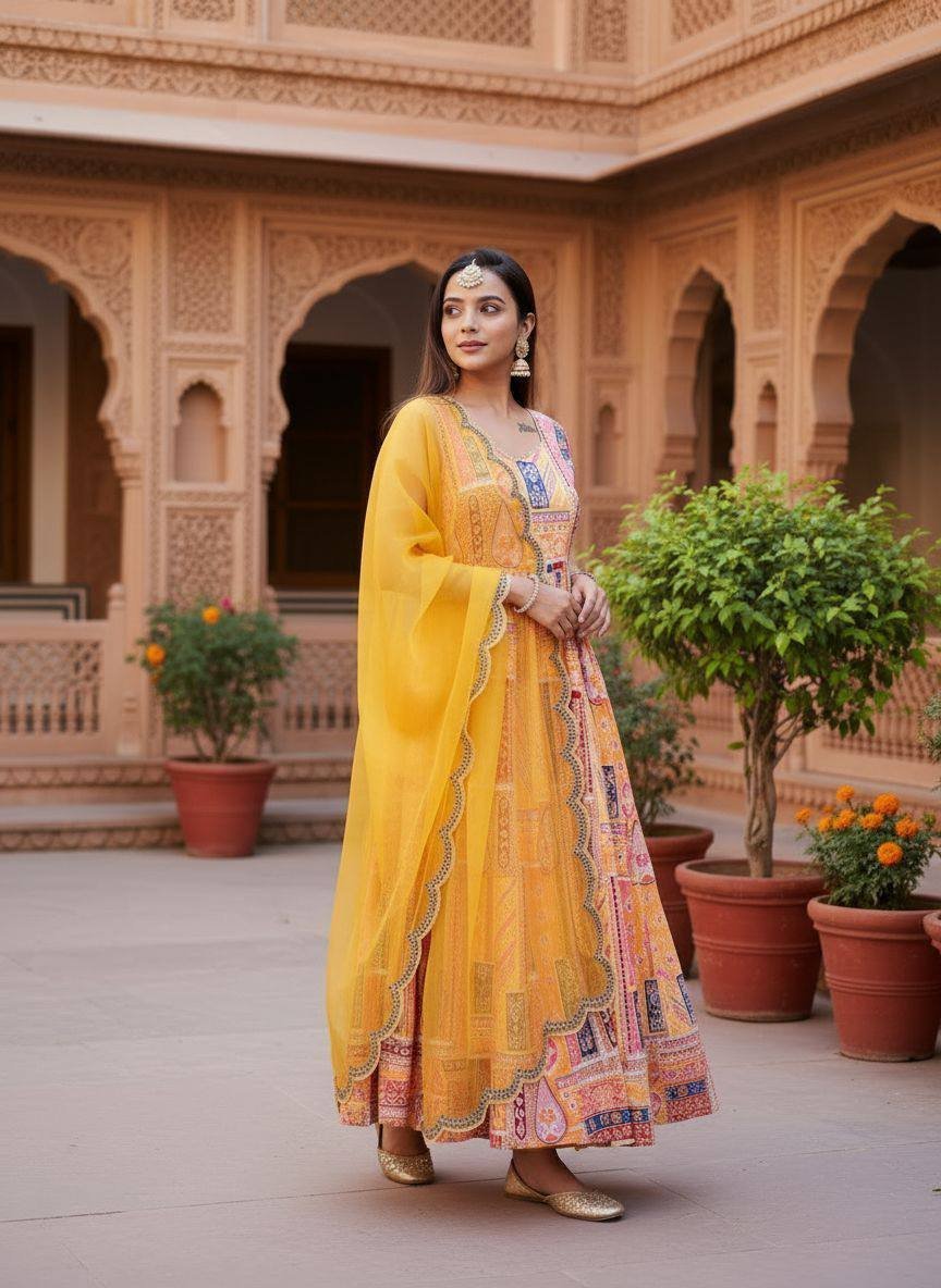 Saanvika Satin Kurta with Crepe Pant & Organza Dupatta