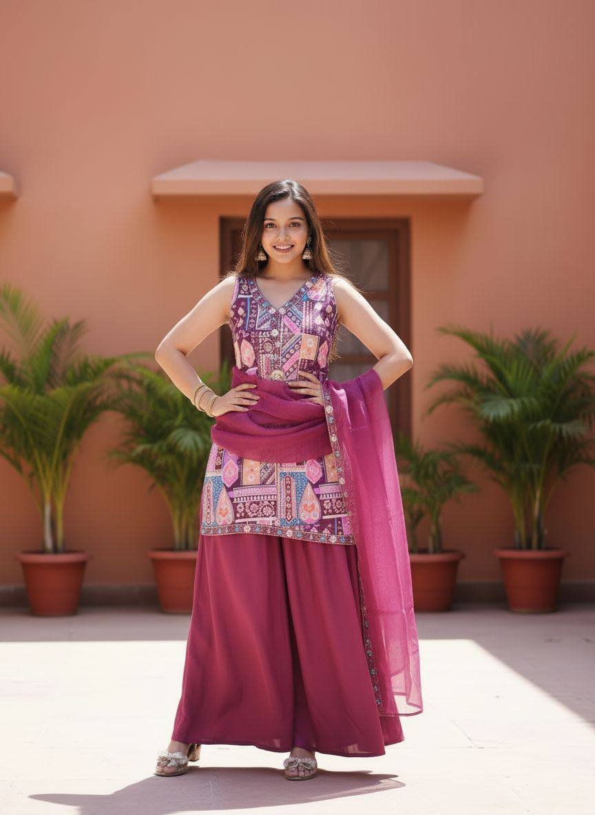 Ishmira Satin Straight Kurta Set with Crepe Pant & Organza Dupatta