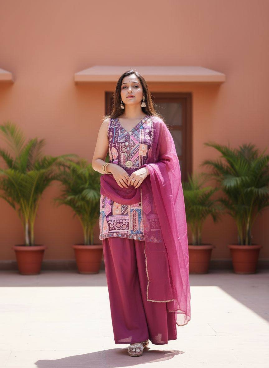 Ishmira Satin Straight Kurta Set with Crepe Pant & Organza Dupatta