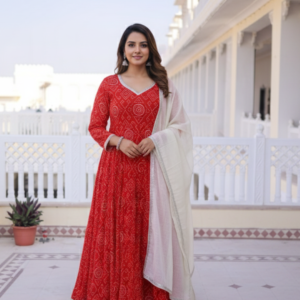 Red Bhandej Printed Anarkali Gown with Gotta Lace Work Dupatta