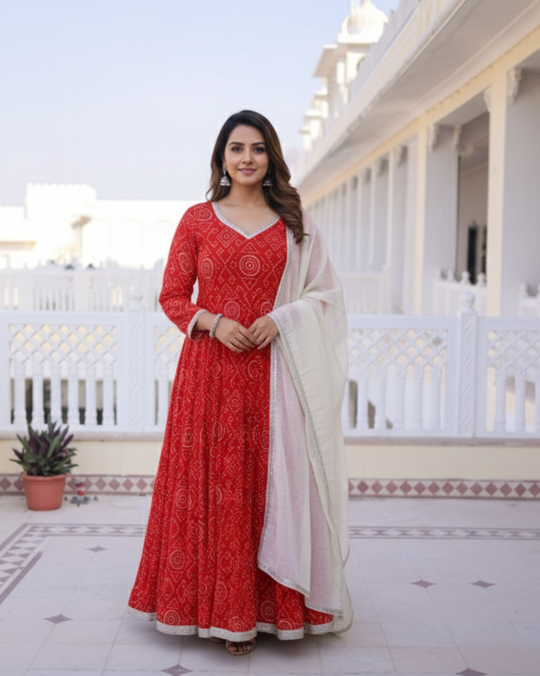 Red Bhandej Printed Anarkali Gown with Gotta Lace Work Dupatta