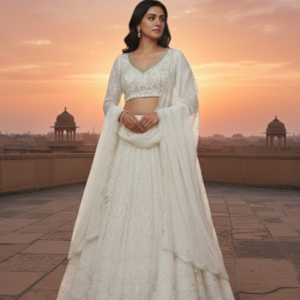 Ethnic Bridesmaids White Lehenga Choli with Heavy Zari Embroidery Work for Wedding