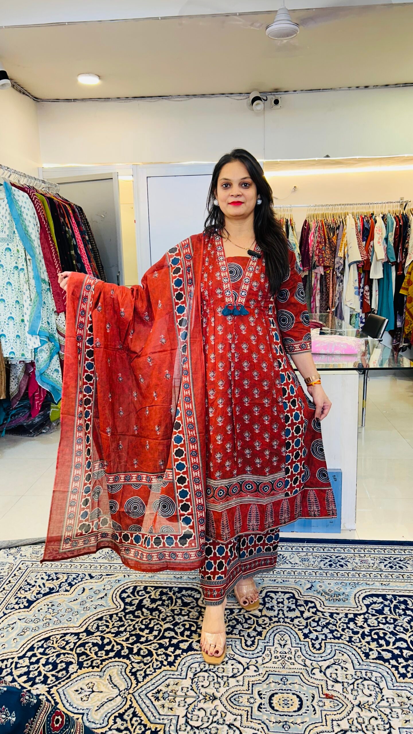 cotton suit for women red a-line kurti set