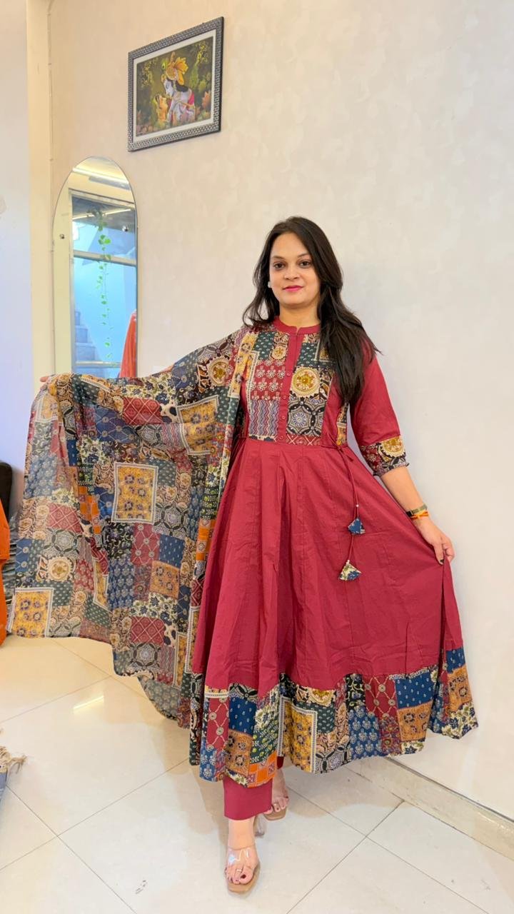 Pure Taj Cotton Ajarak Print Anarkali