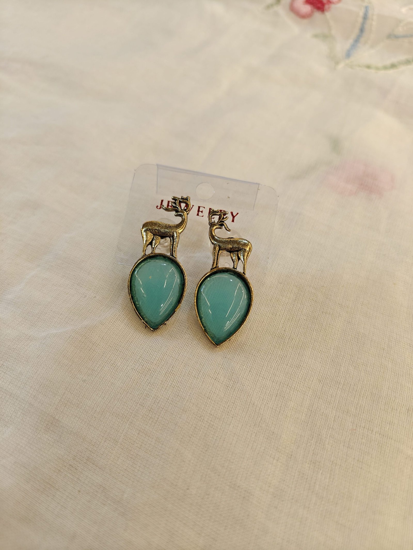 Deer Design Pink Stone Drop Earrings