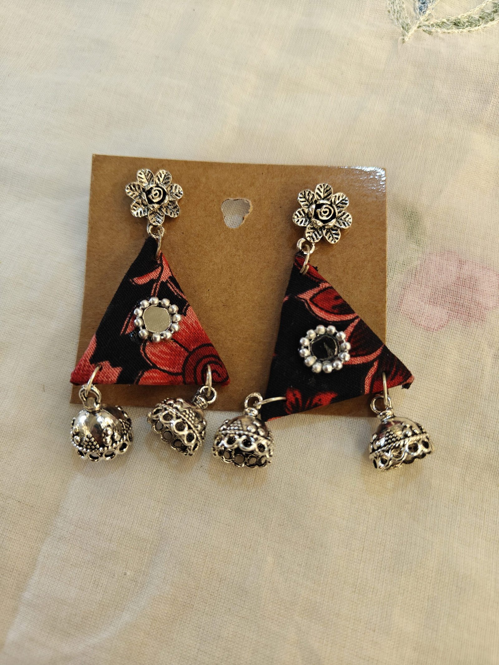 HandMade Fabric Earings Oxidized Jumkas Charm with Mirror Work