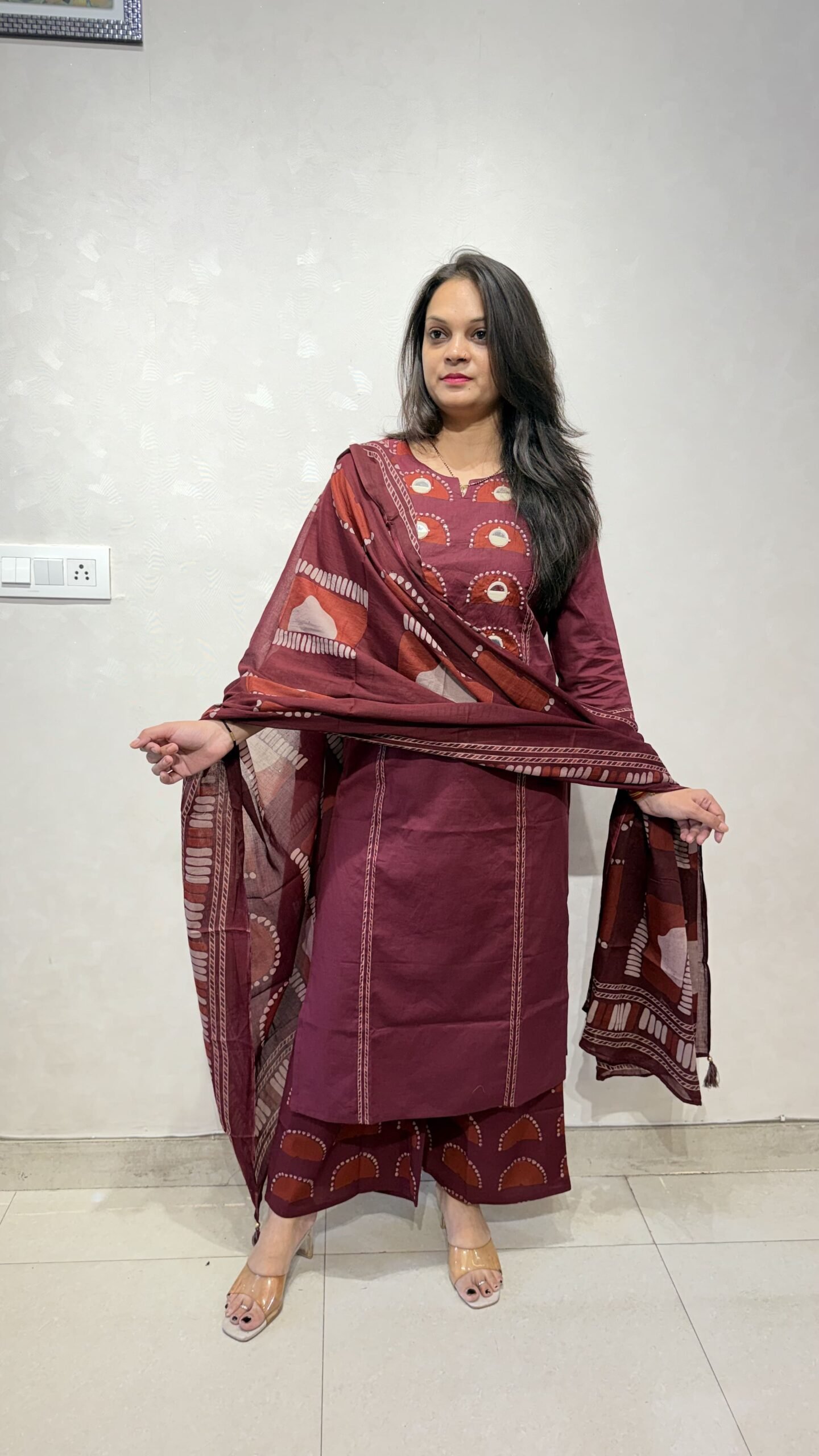 Pure Cotton Ajarak Print Straight Suit with Mirror Work