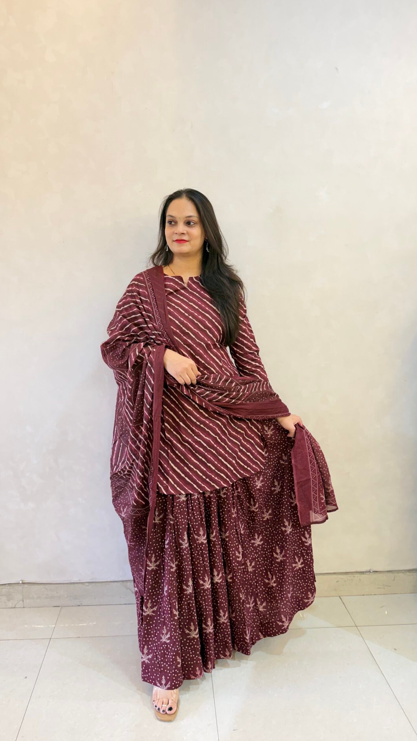 Pure Cotton Leheriya Short Kurti Skirt Set